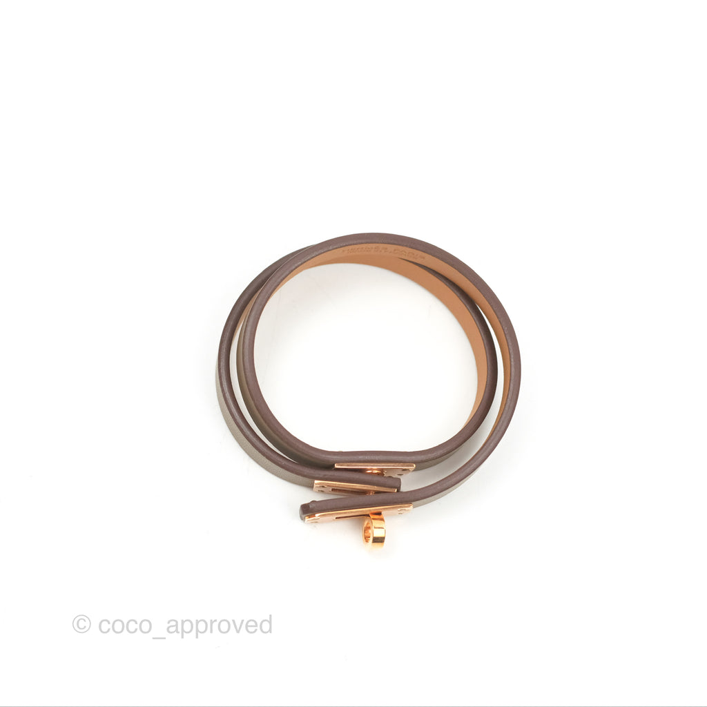 Hermès Mini Kelly Double Tour Bracelet Etoupe Swift Rose Gold Hardware