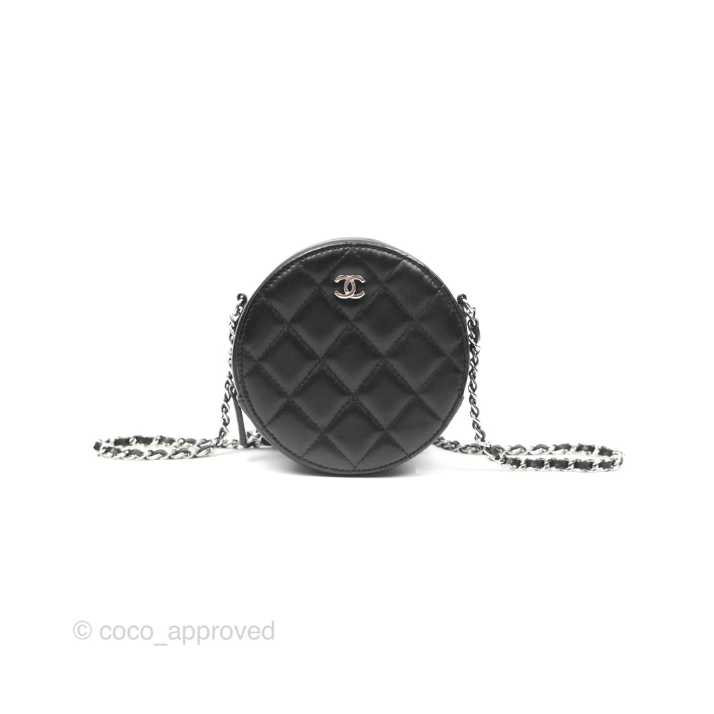 Chanel Classic Quilted Round Clutch With Chain Black Lambskin Silver Hardware