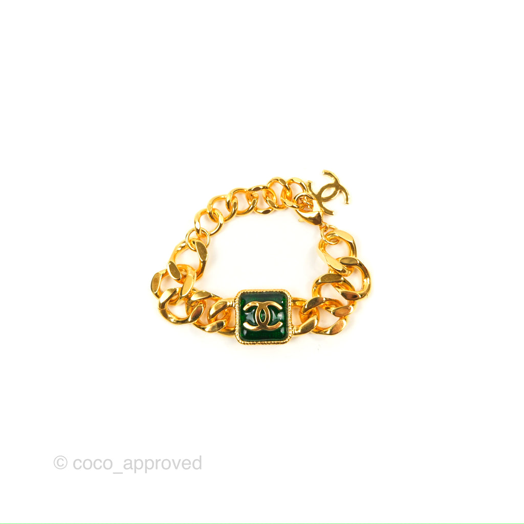 Chanel Chain CC Green Resin Bracelet Gold Tone 20K