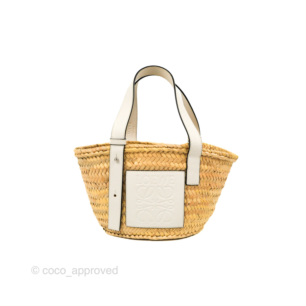Loewe Basket Bag in Palm Leaf and Calfskin Small Natural/White