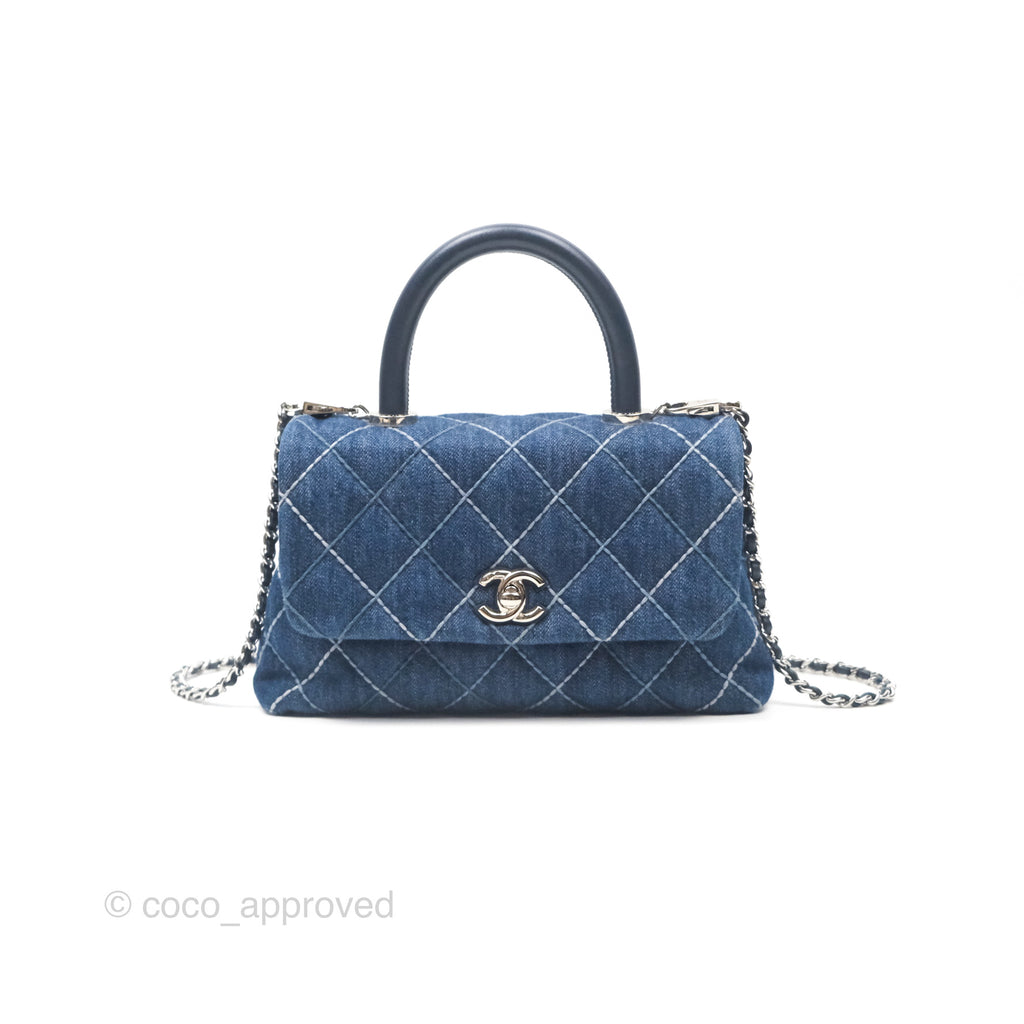 Chanel Small Coco Handle Quilted Contrast Stitch Denim Silver Hardware