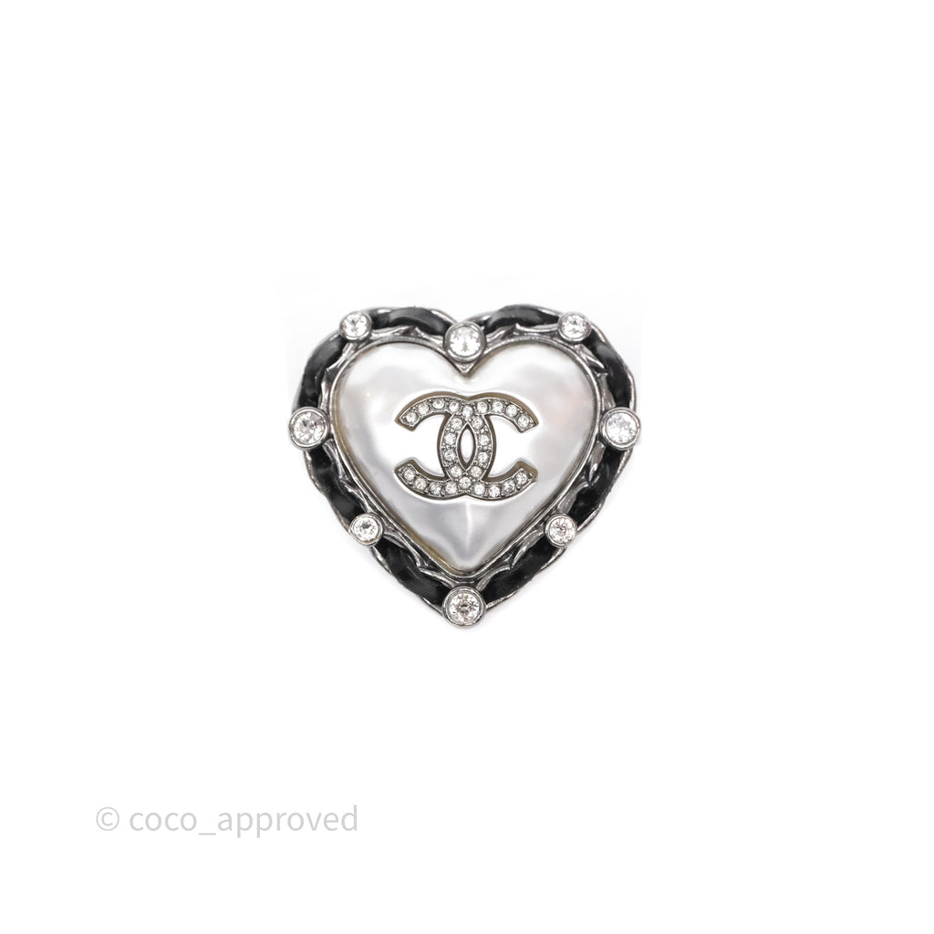 Chanel Crystal Braided Leather Heart Brooch Gun Metal 21A