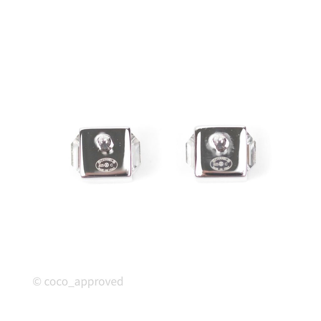 Chanel CC Crystal Square Mini Earrings Silver Tone 25C