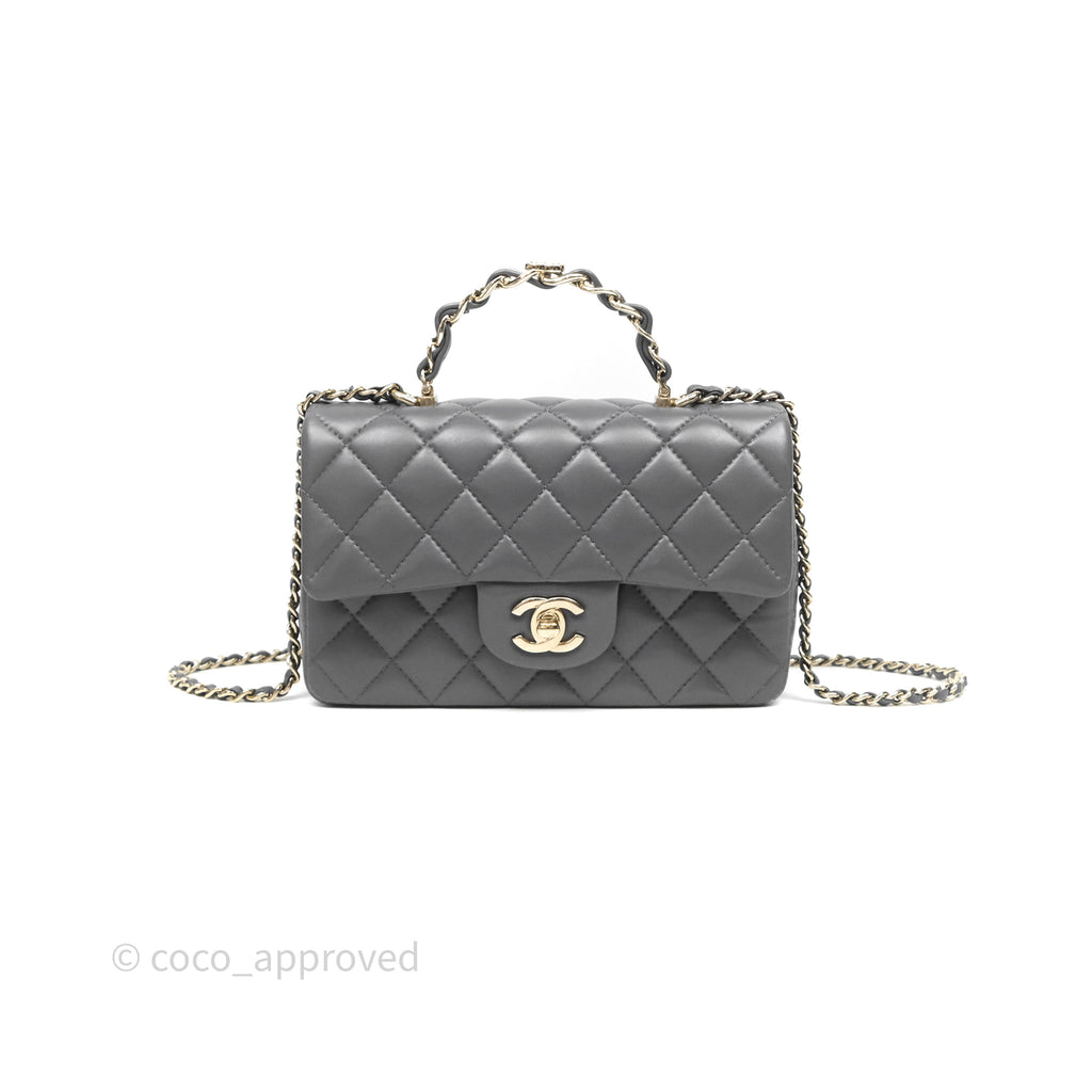 Chanel Chain Top Handle Mini Rectangular Flap Grey Lambskin Gold Hardware