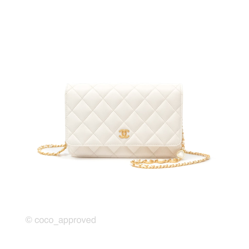 Chanel Quilted Wallet on Chain WOC Coco Heart Chain White Lambskin Aged Gold Hardware 22K