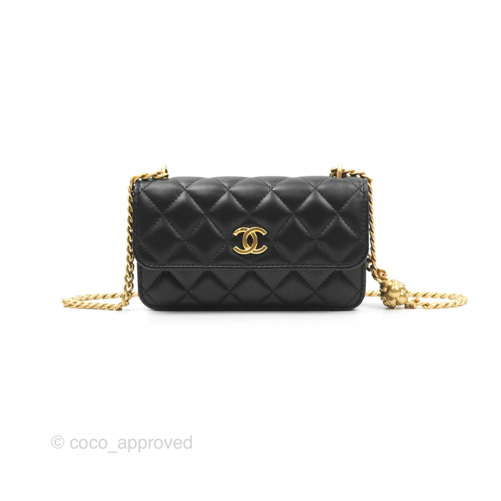 Chanel Mini WOC Phone Holder with Camellia Adjustable Chain Black Lambskin