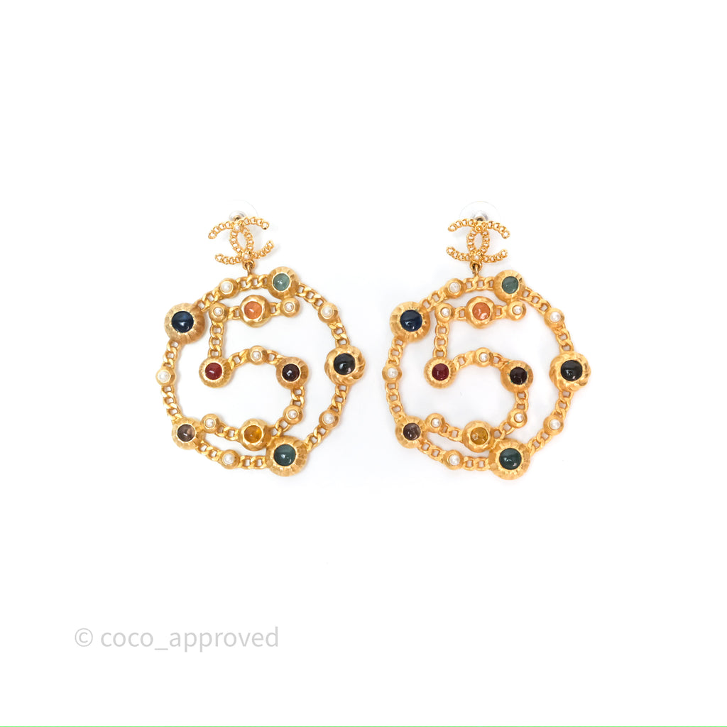 Chanel CC Pearl Stone Circle No.5 Earrings Aged Gold Tone 18K