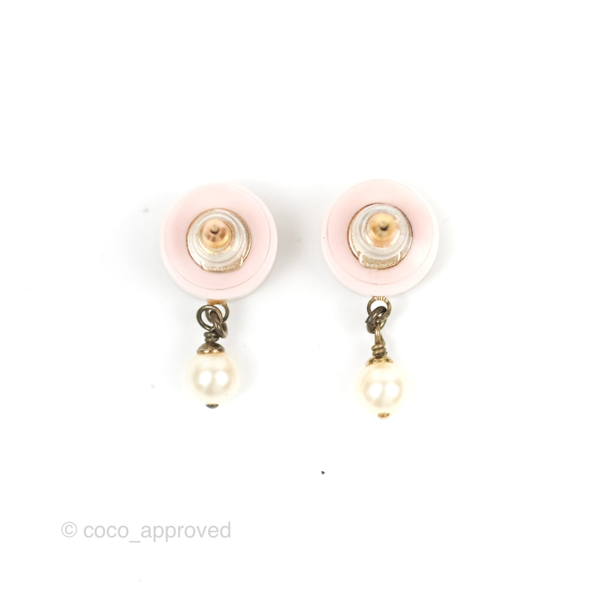 Chanel Pink/Gold Stripe Round CC Pearl Drop Earrings 13C