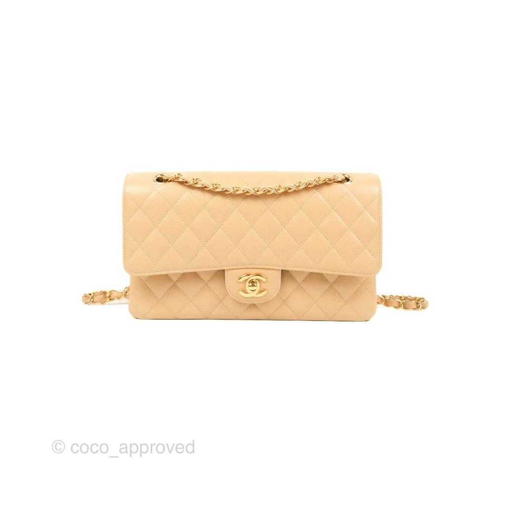 Chanel Classic M/L Medium Flap Quilted Beige Caviar Gold Hardware
