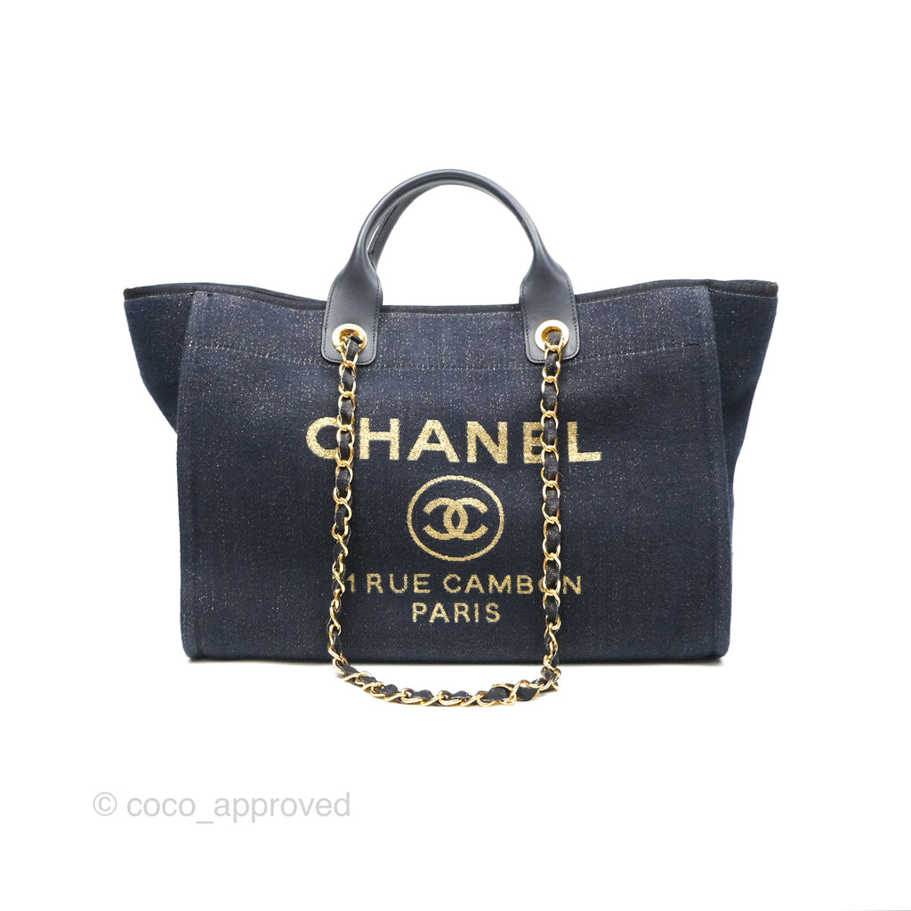 Chanel Large Deauville Navy Glitter Canvas Gold Hardware