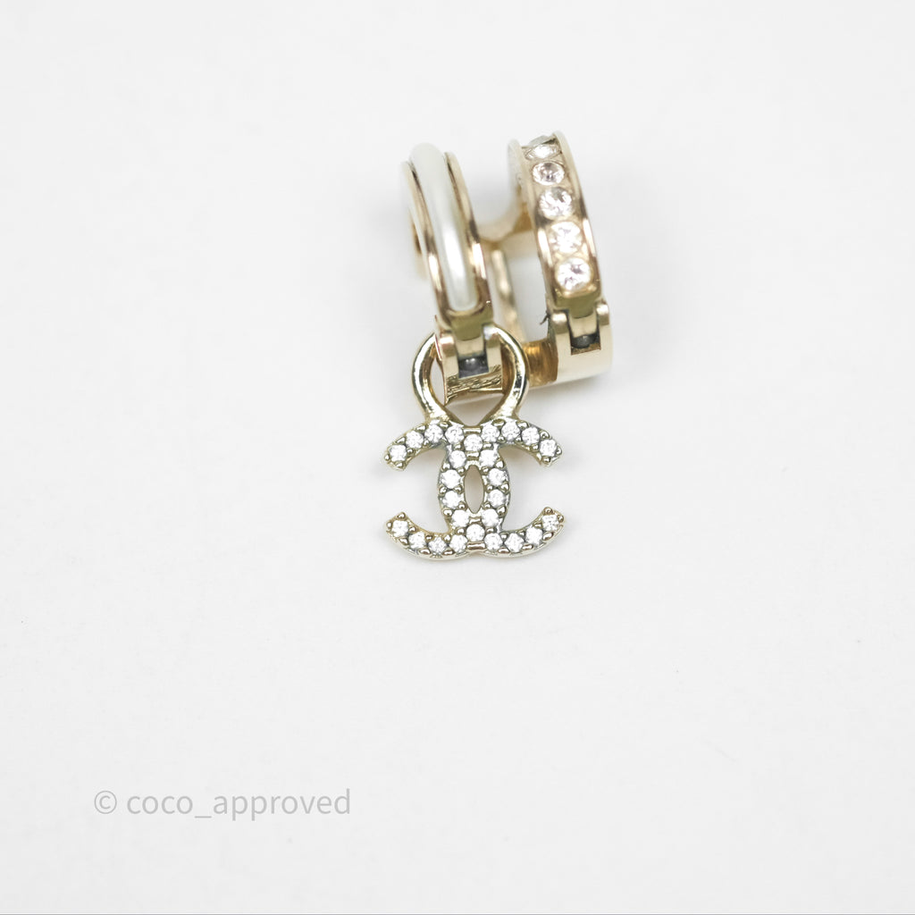 Chanel Crystal CC Pearl Hoop Earrings Gold Tone 21B