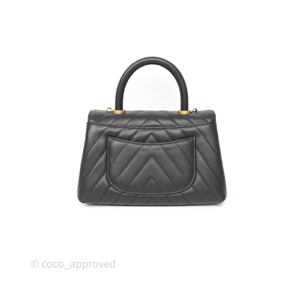 Chanel Small Coco Handle Chevron Dark Grey Caviar Aged Gold Hardware