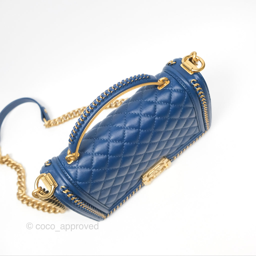 Chanel Quilted Medium Boy With Handle Dark Blue Calfskin Aged Gold Hardware