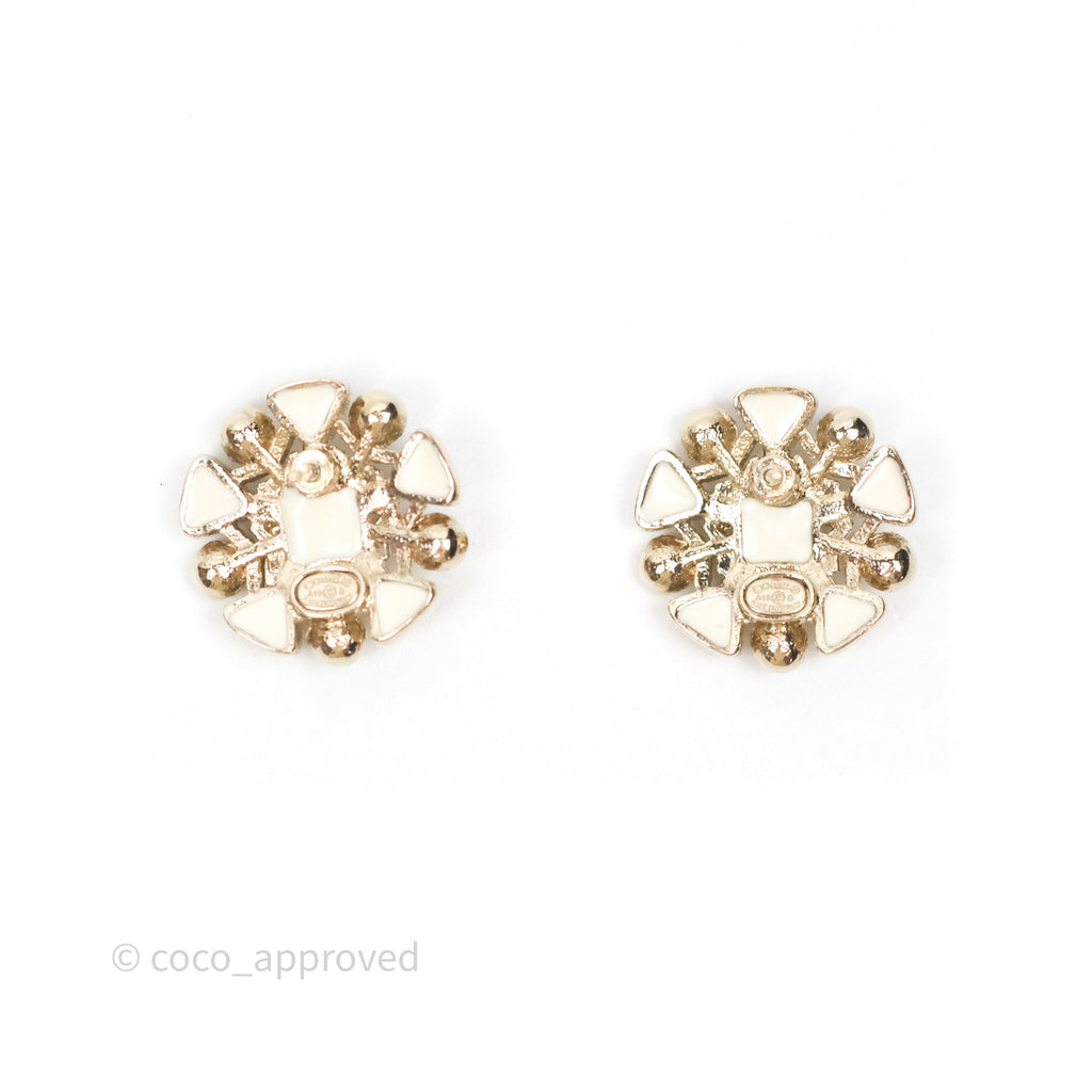 Chanel Crystal Pearl Resin CC Snowflake Earrings Gold Tone 19B