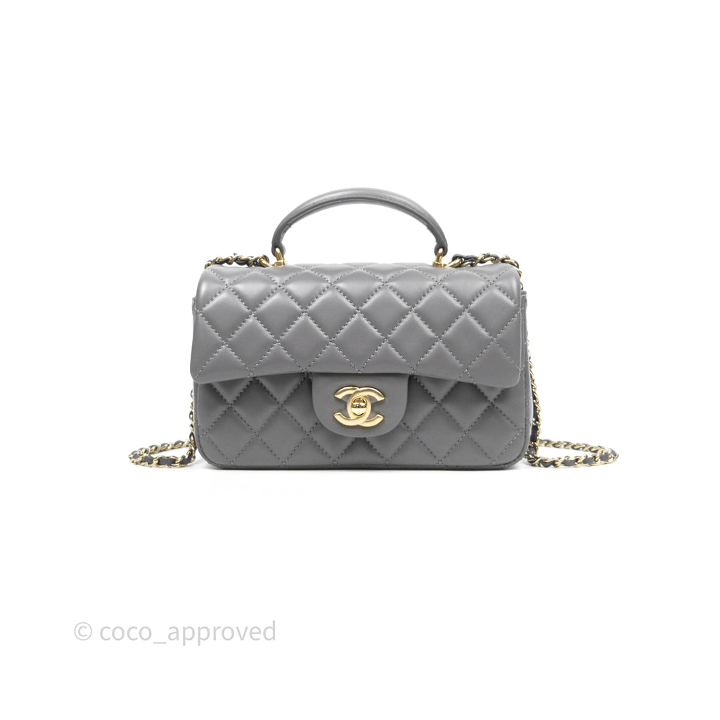 Chanel Top Handle Mini Rectangular Flap Grey Lambskin Gold Hardware 
