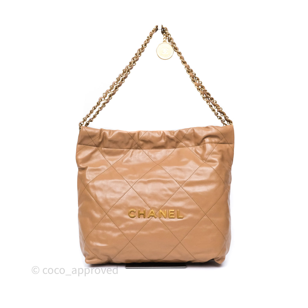 Chanel 22 Small Beige Shiny Calfskin Aged Gold Hardware