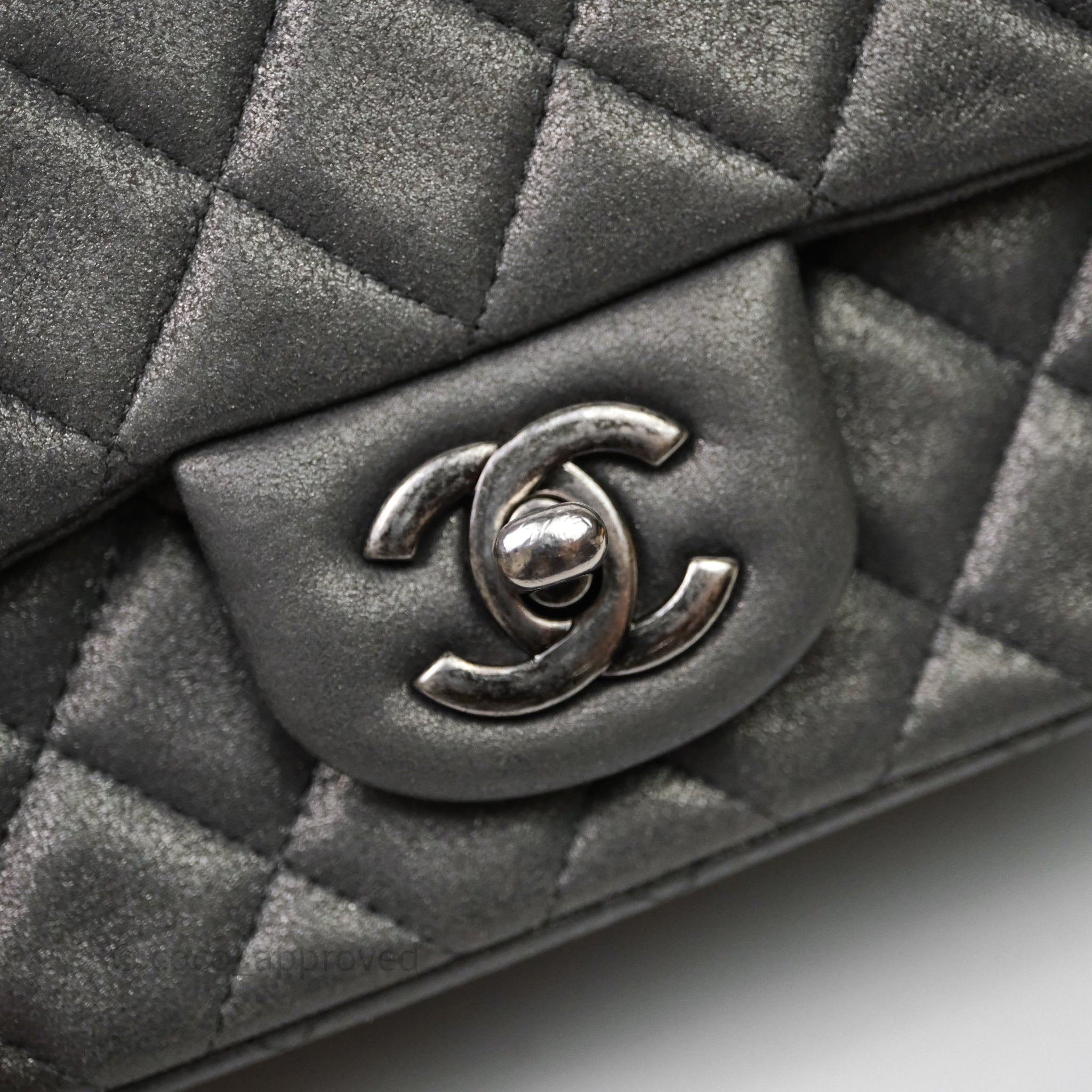 Chanel Mini Square Iridescent Grey Suede Gun Metal Hardware – Coco