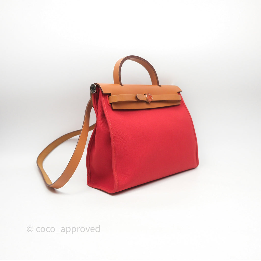 Hermès Herbag Zip 31 Retourne Red/Natural Canvas Palladium Hardware