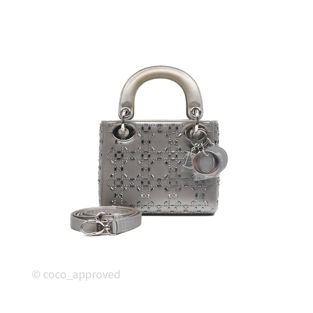 Christian Dior Mini Lady Dior Bag Grey Strass Cannage Satin Silver Hardware