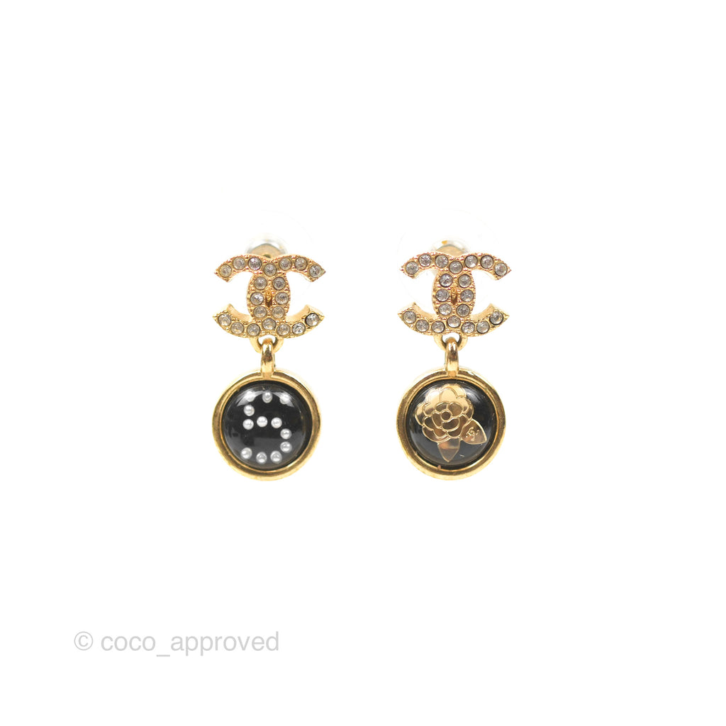 Chanel Crystal CC Camellia No.5 Drop Earrings Gold Tone 20B