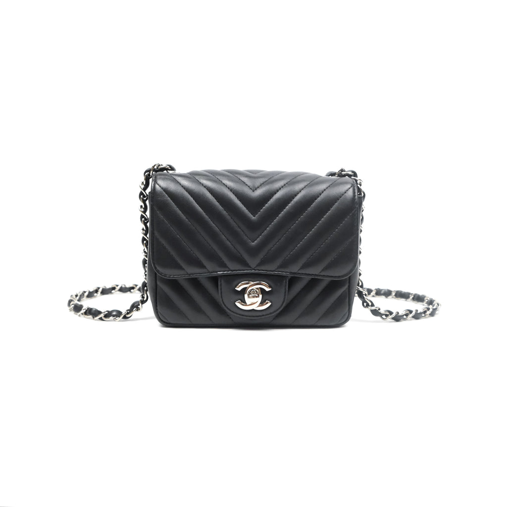 Chanel Mini Square Black Chevron Lambskin Silver Hardware