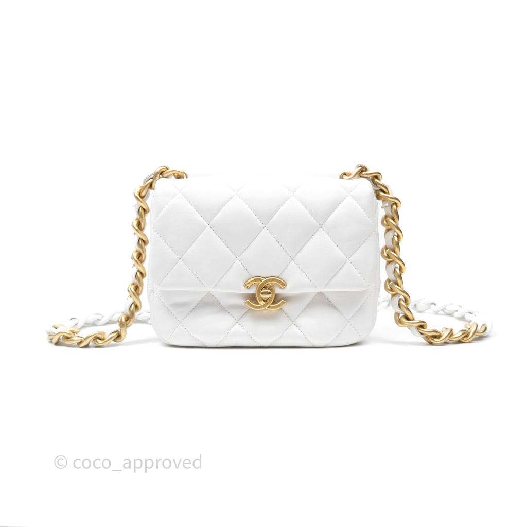 Chanel Small Flap Bag White Lambskin Aged Gold and Lacquered Metal 22S