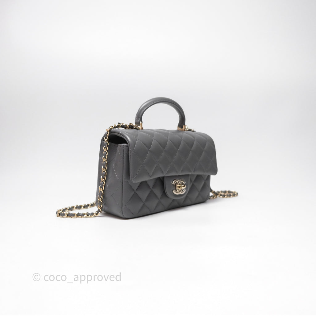 Chanel Top Handle Mini Rectangular Flap Grey Lambskin Gold Hardware