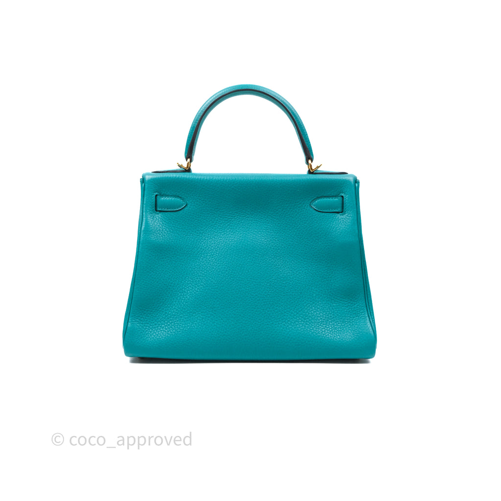 Hermès Kelly 28 Retourne Bleu Paon 7F Clemence Gold Hardware