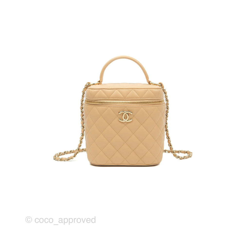 Chanel Small Quilted Top Handle Vanity Case Beige Lambskin Gold Hardware