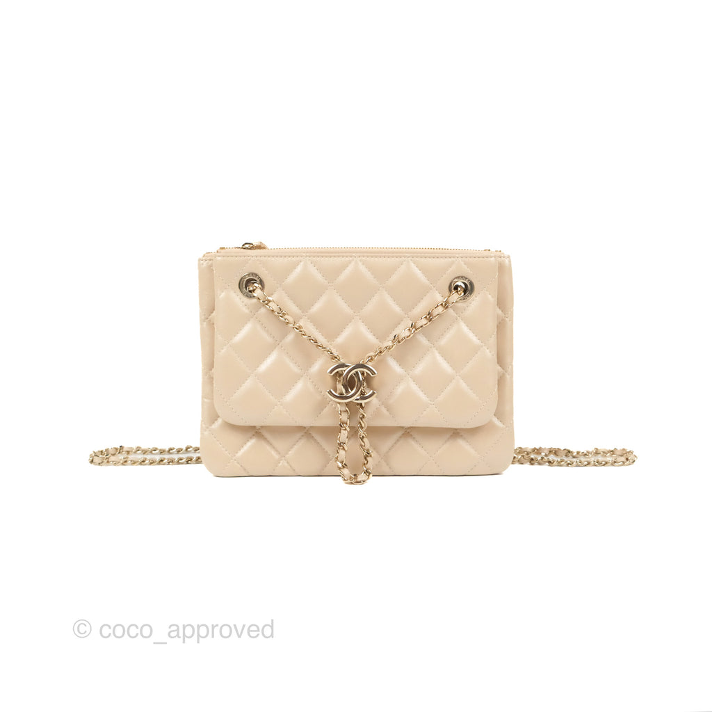 Chanel CC Drawstring Double Pouch on Chain Iridescent Light Beige Lambskin