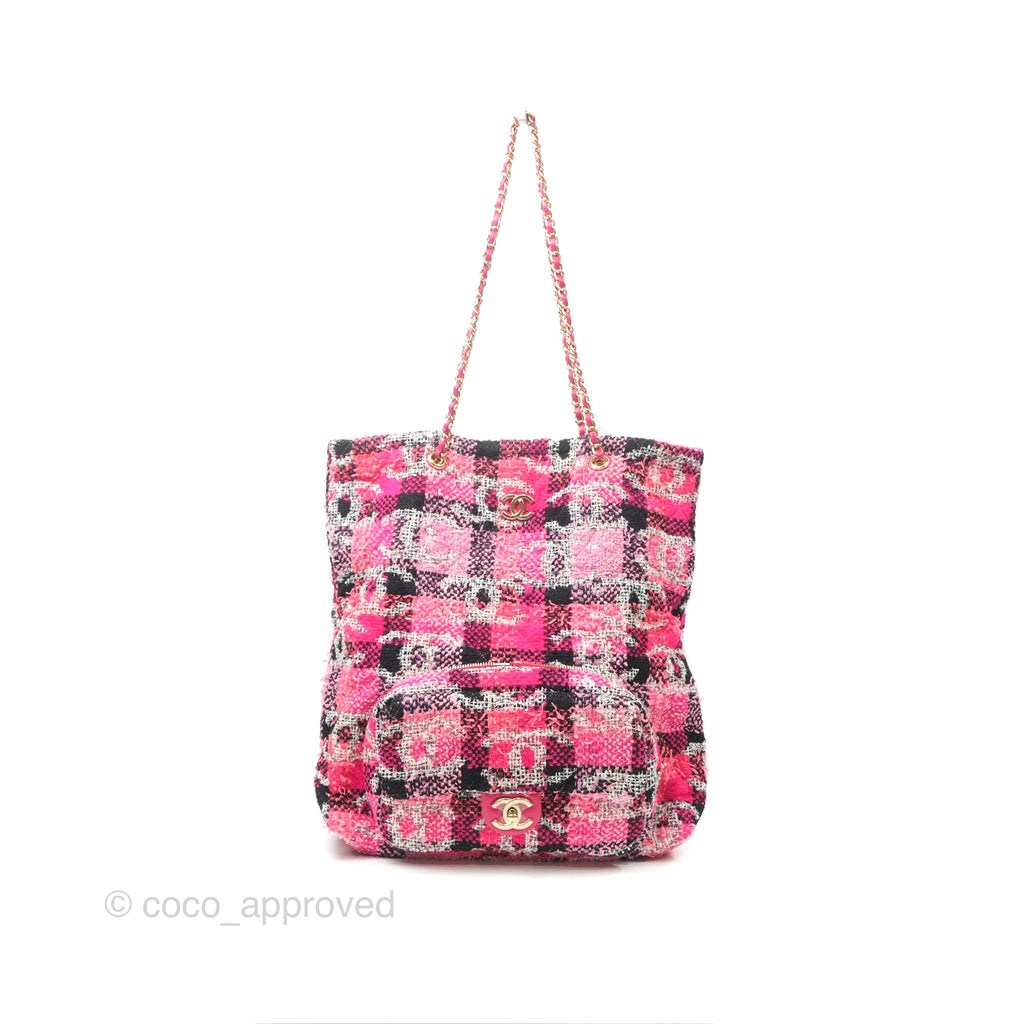 Chanel Coco Beach 2way Crossbody Bag / Foldable Tote Pink Black Grid Tweed