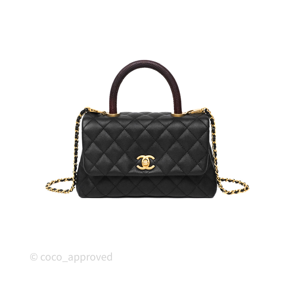 Chanel Small Coco Handle Black Caviar Gold Hardware Lizard Embossed Handle