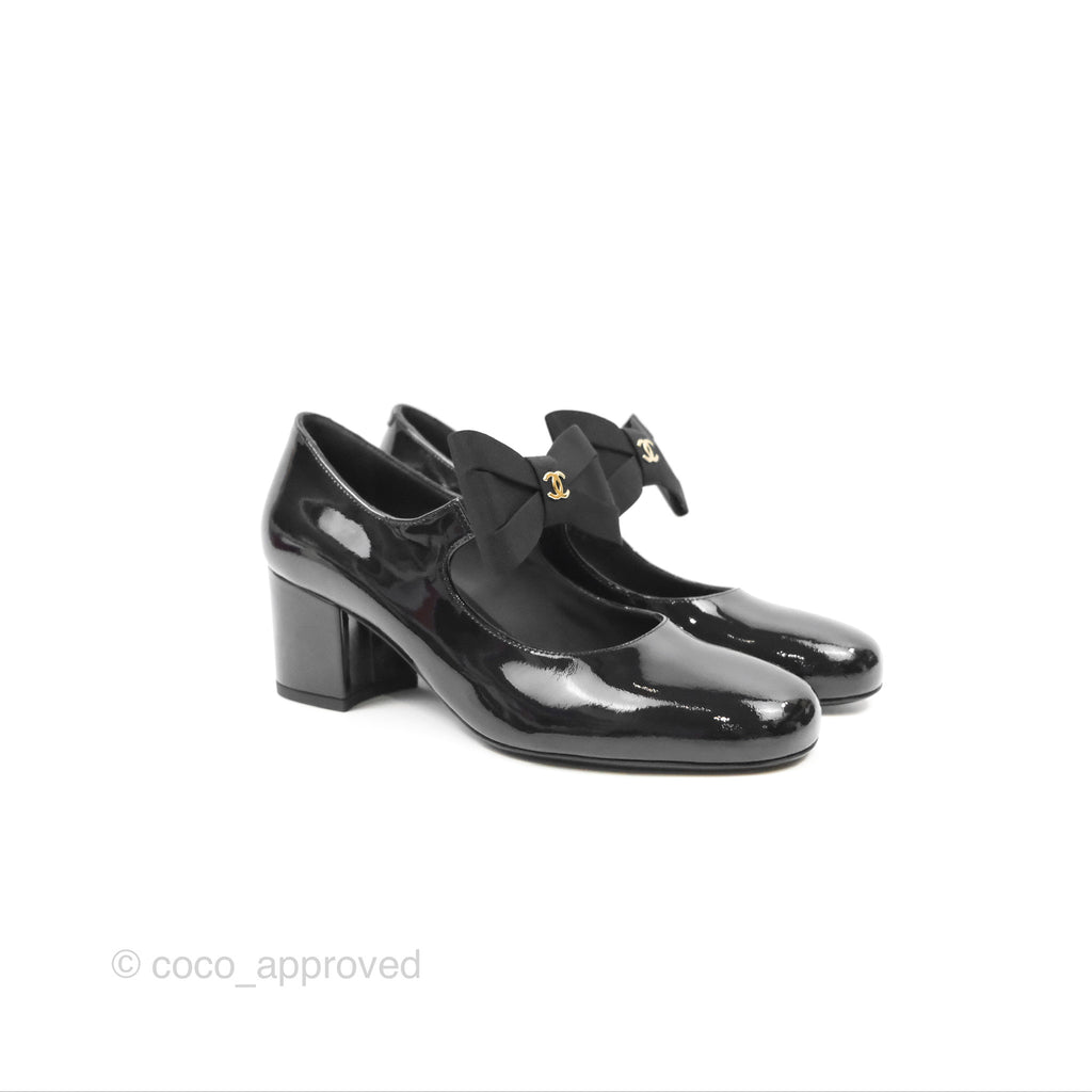 Chanel CC Ribbon Mary Jane Block Heels Black Patent 24C