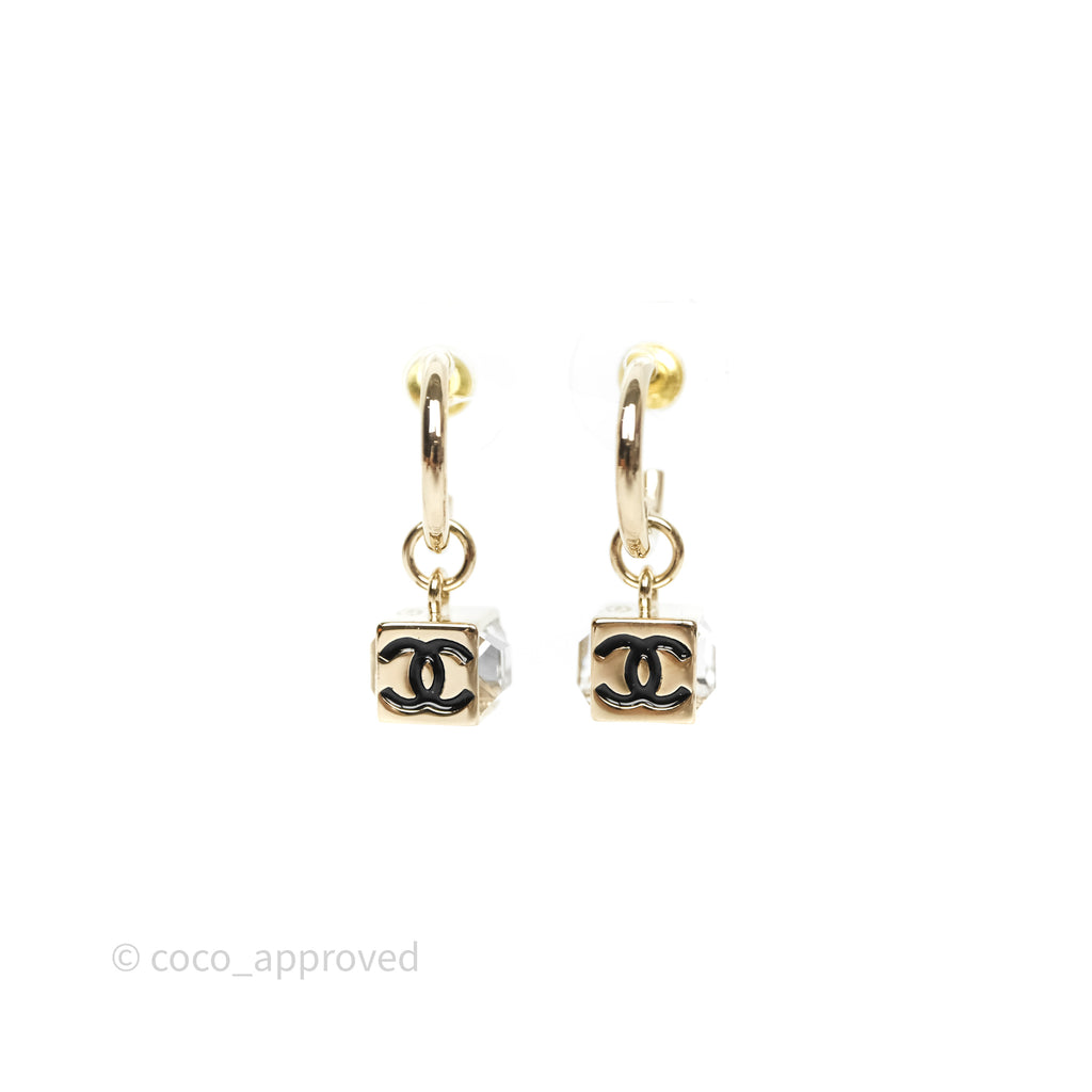 Chanel CC Crystal Square Drop Earrings Gold Tone 25C