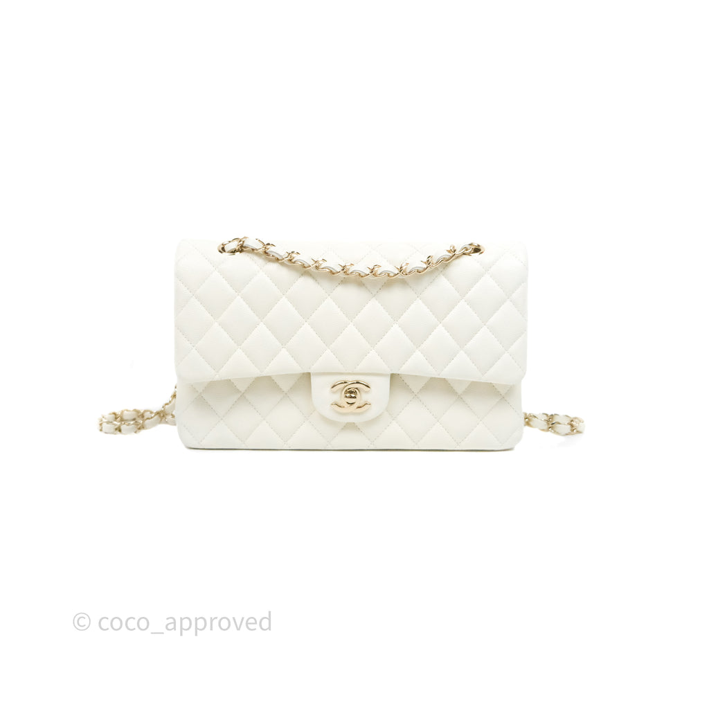 Chanel Classic M/L Medium Flap Quilted Ivory White Caviar Gold Hardware
