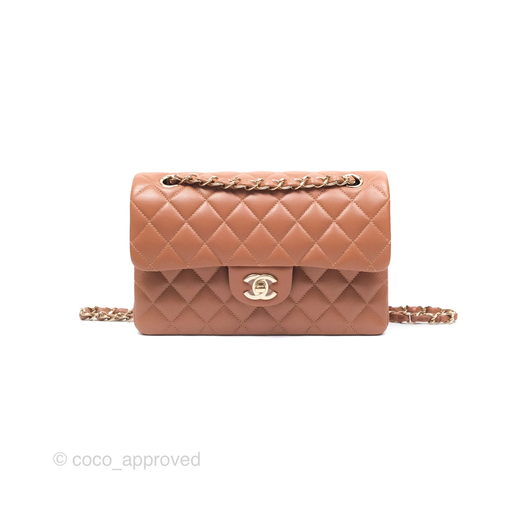 Chanel Small Classic Quilted Flap Dark Beige Caramel Lambskin Gold Hardware