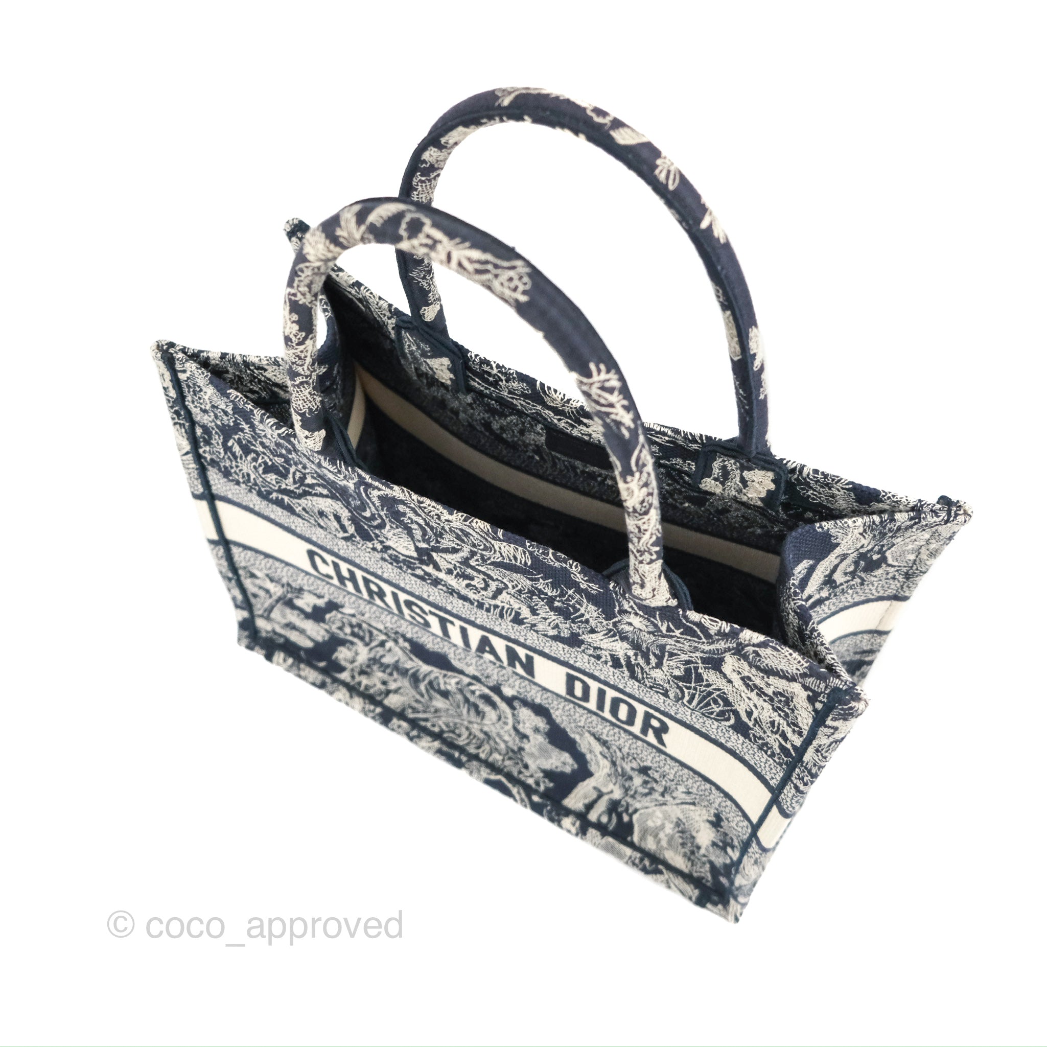 Christian Dior Embroidered Toile De Jouy Small Canvas Book Tote Navy – Coco  Approved Studio