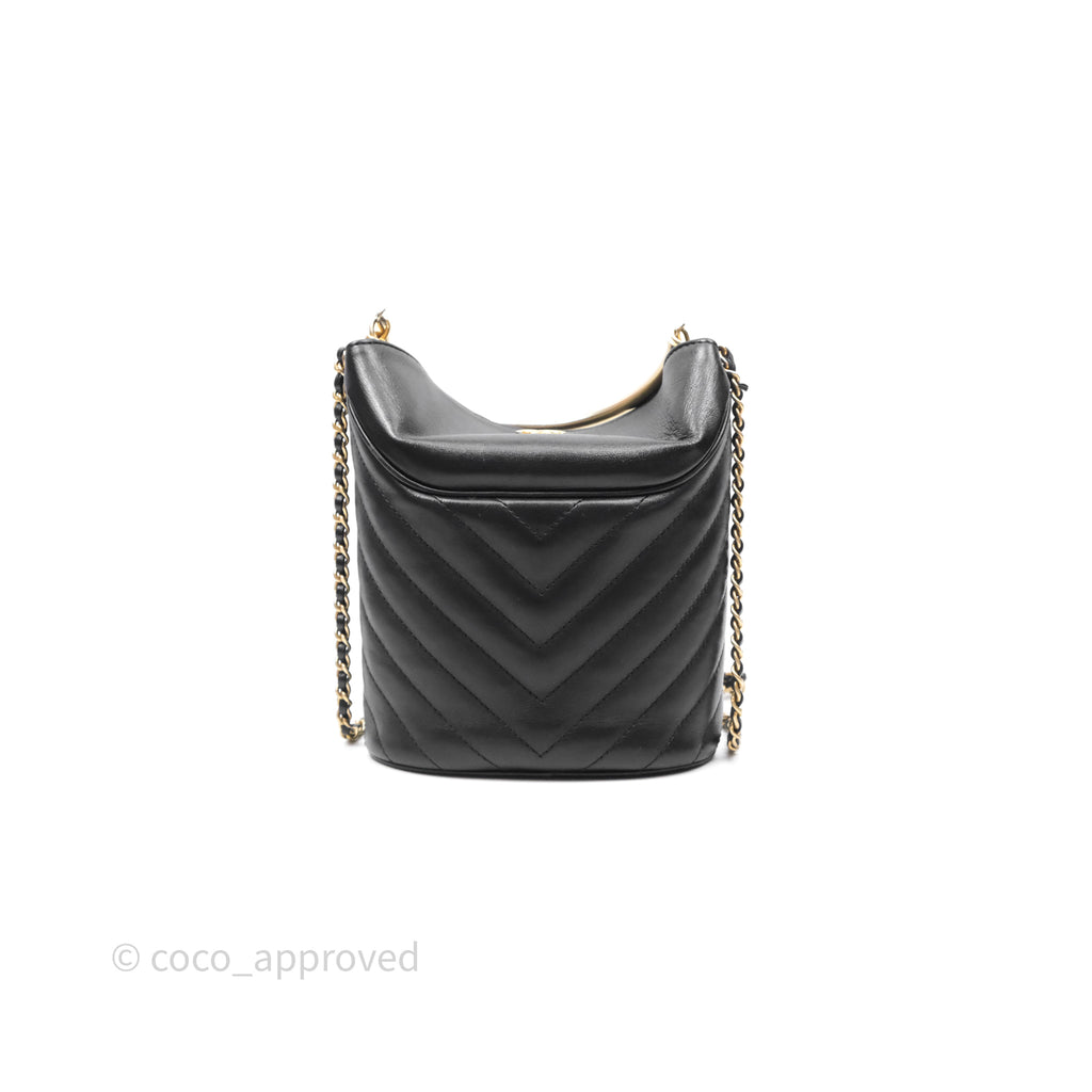 Chanel Chevron Chic Bucket Bag with Handle Black Lambskin Aged Gold Hardware