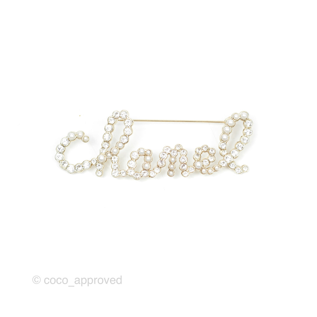 Chanel Logo Pearl Crystal Brooch Gold Tone 19K