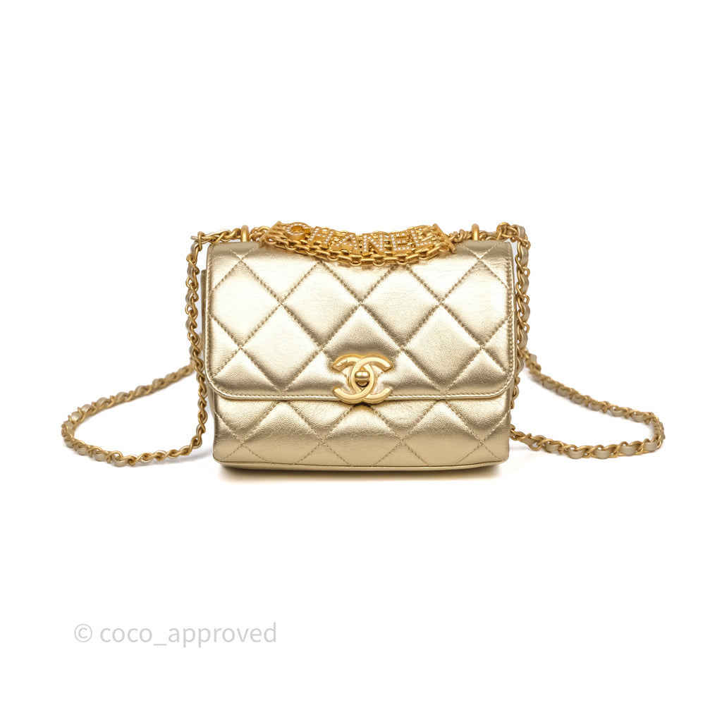 Chanel Mini Crystal Logo Handle Flap Bag Metallic Gold Lambskin