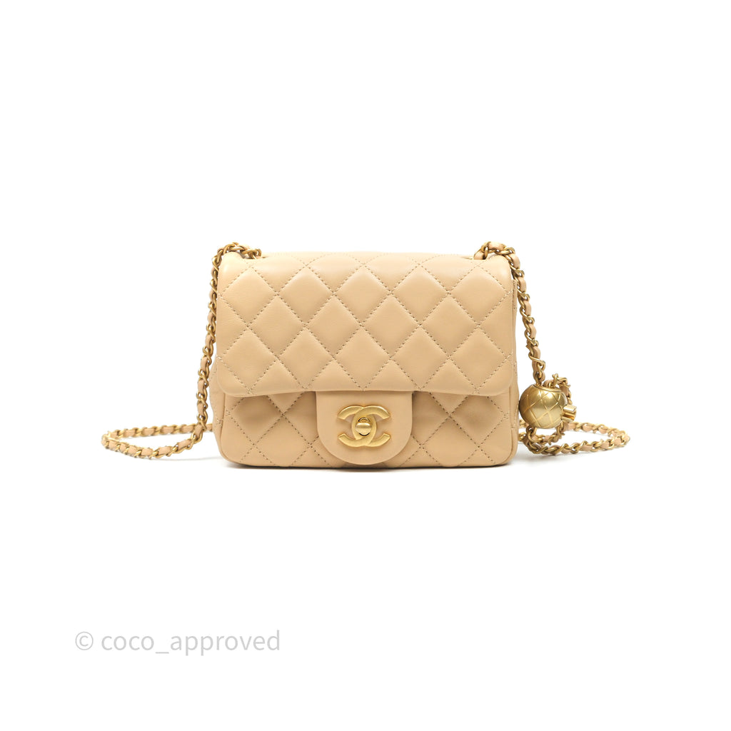 Chanel Pearl Crush Mini Square Quilted Beige Lambskin Aged Gold Hardware