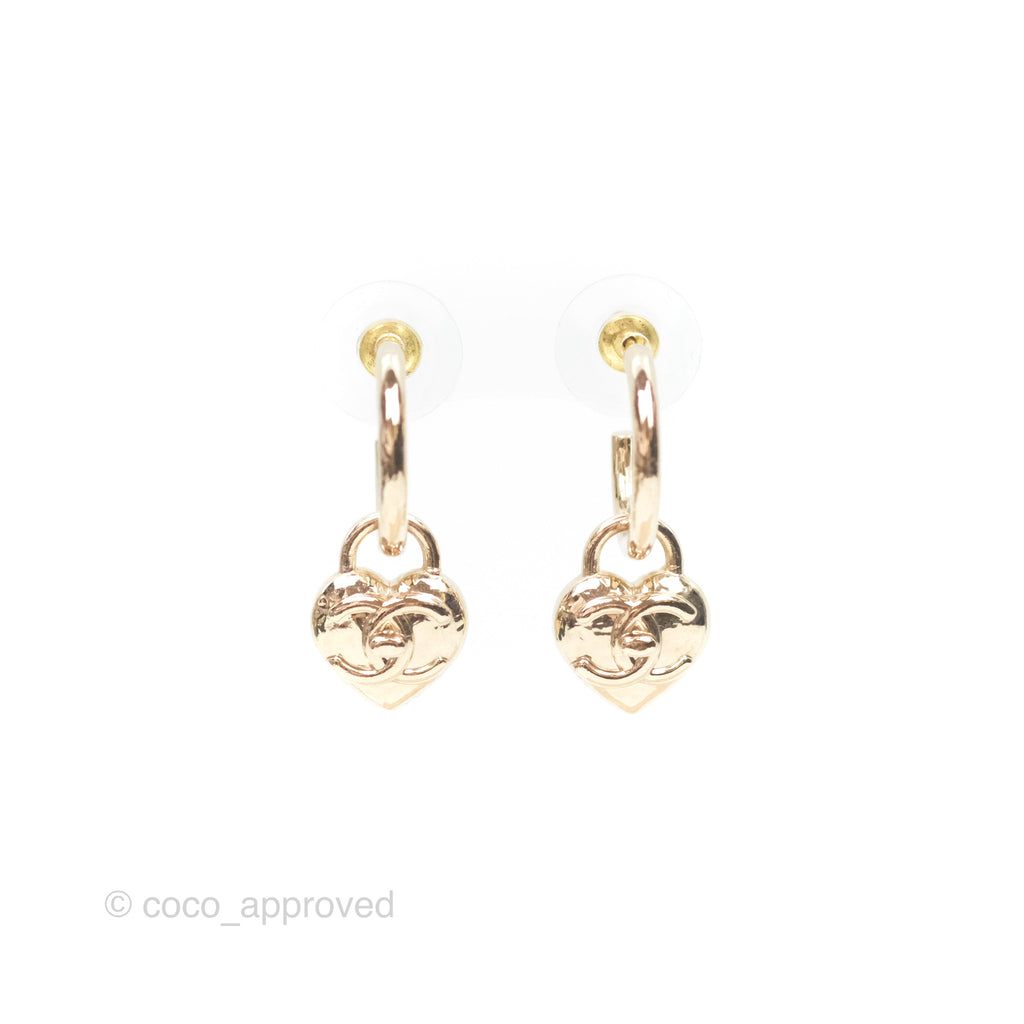 Chanel Heart CC Drop Hoop Earrings Gold Tone 23V