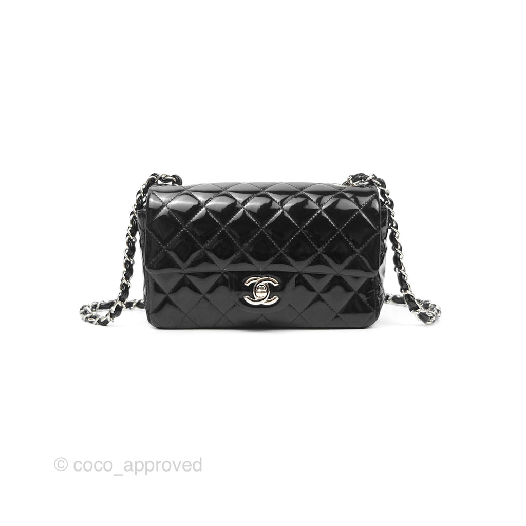 Chanel Quilted Mini Rectangular Flap Black Patent Silver Hardware