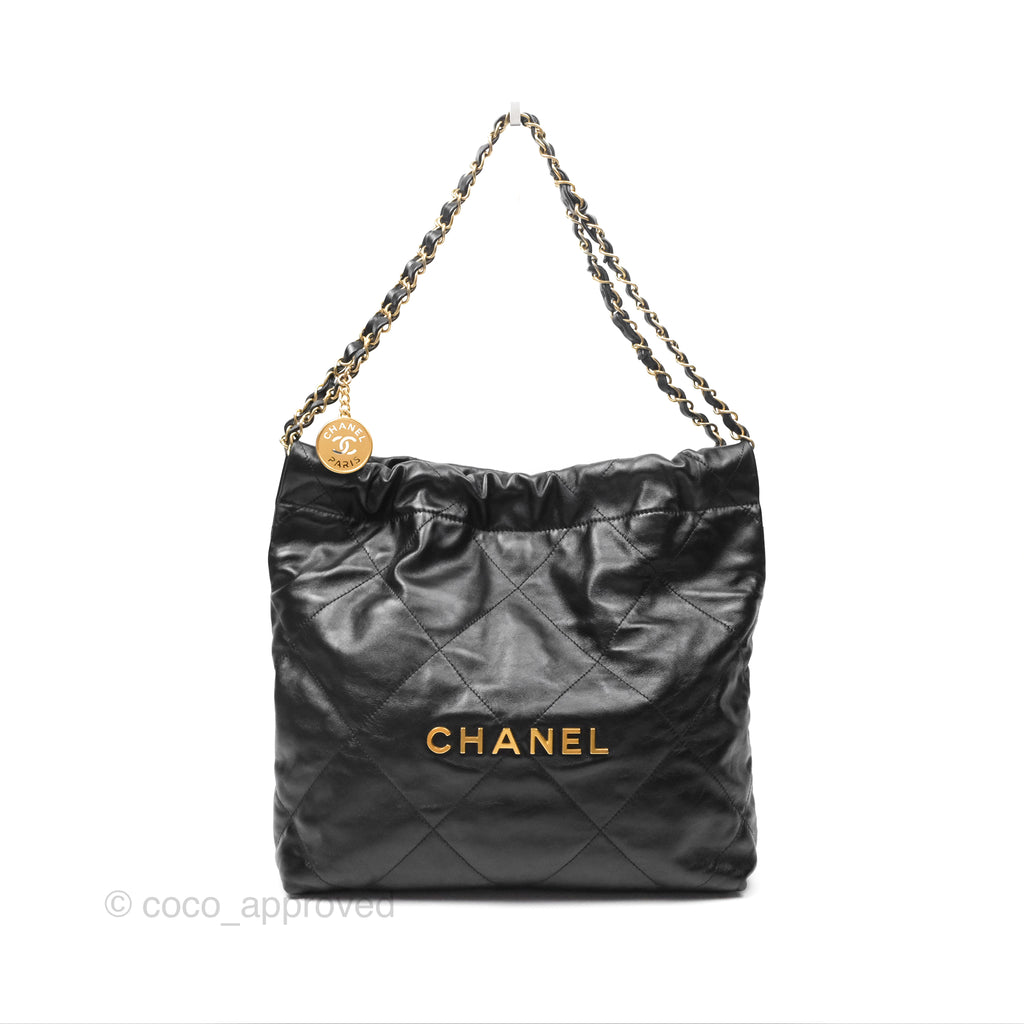 Chanel 22 Small Black Shiny Crumpled Calfskin Aged Gold Hardware
