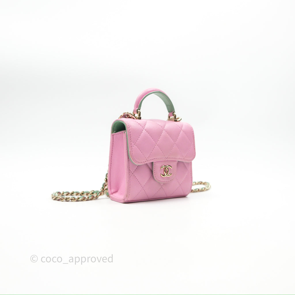 Chanel Mini Handle Clutch With Chain Pink/ Mint Lambskin Gold Hardware 23P