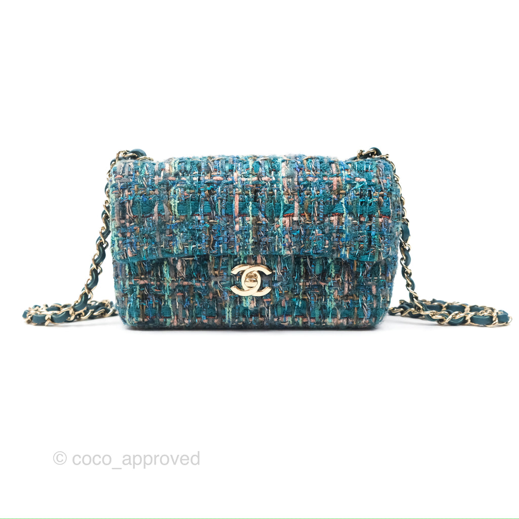 Chanel Mini Rectangular Flap Teal Tweed Gold Hardware