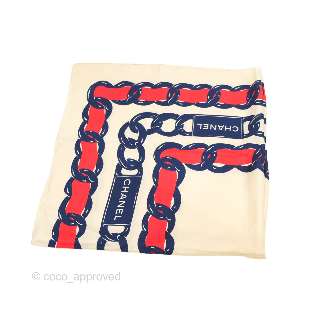 Chanel Square Silk Scarf Ivory/ Red/ Navy