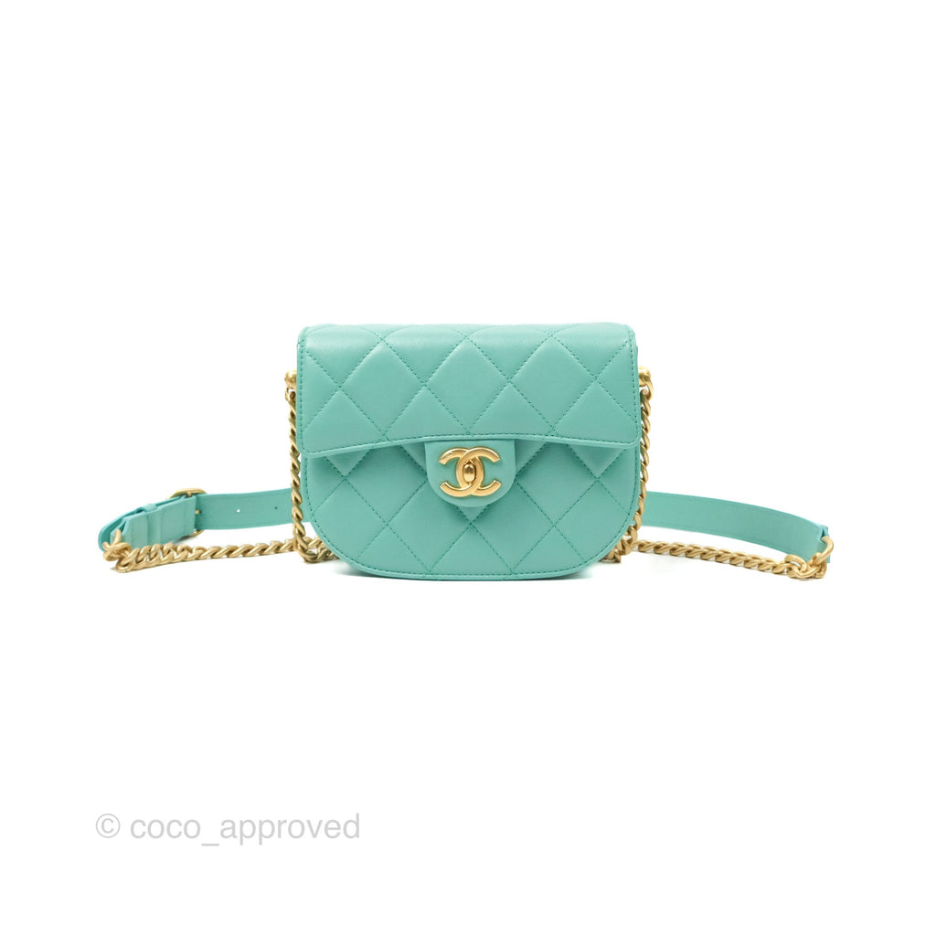Chanel Mini Round Messenger Bag Turquoise Calfskin Aged Gold Hardware