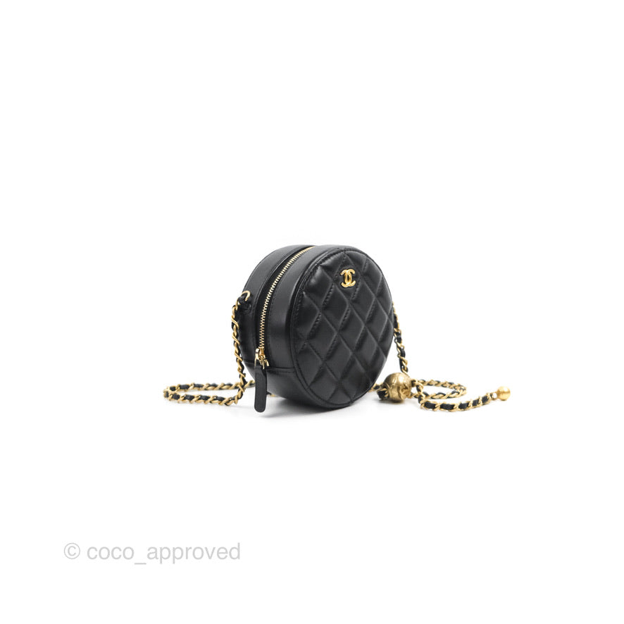 Chanel Pearl Crush Round Clutch With Chain Black Lambskin Aged Gold Hardware