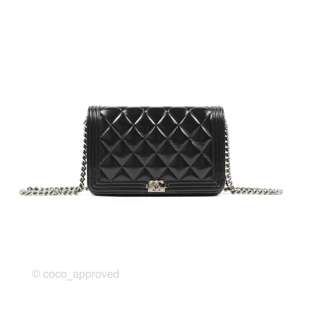 Chanel Quilted Boy Wallet on Chain WOC Black Aged Patent Gun Metal